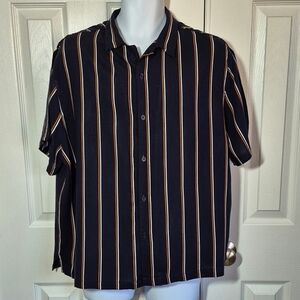 7Diamonds striped short sleeve button down shirt navy blue‎ orange white mens XL
